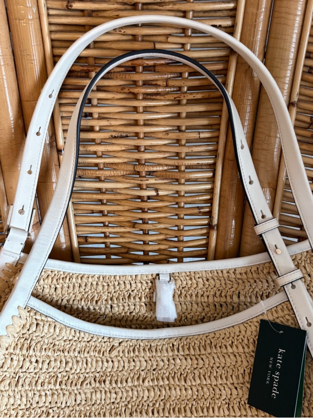 KATE SPADE Designer Deco Straw Tulip Tote Bag! NEW! White leather Straps! Tags! - Picture 6 of 13